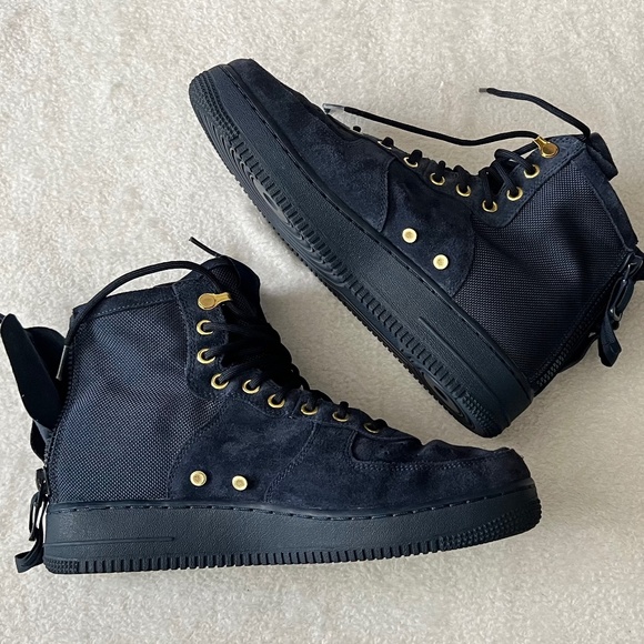 Men's Nike SF Air Force 1 Mid Obsidian Metallic Gold Sneakers - Picture 2 of 14